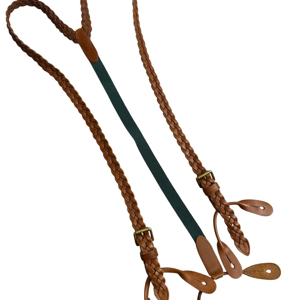 Leather Suspenders Mens Brown Braided Leather Button End Elastic Back Woven 1/2"